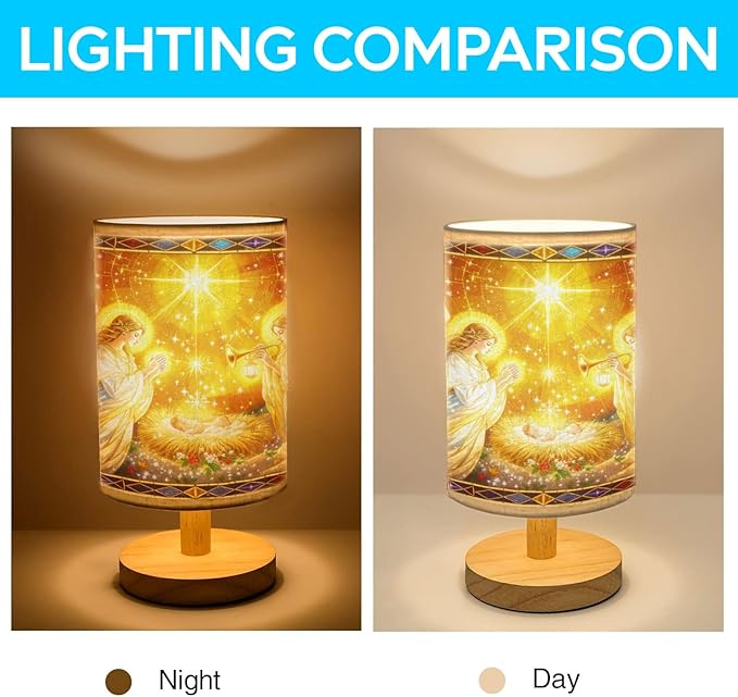 Christmas Angels Table Lamp LED 3-Color Pressed Bedside for Merry Christmas, Christmas Angels Shade Christmas Table Lamp with Wood Base for Bedroom Living Room Desk Office - Bloomnest