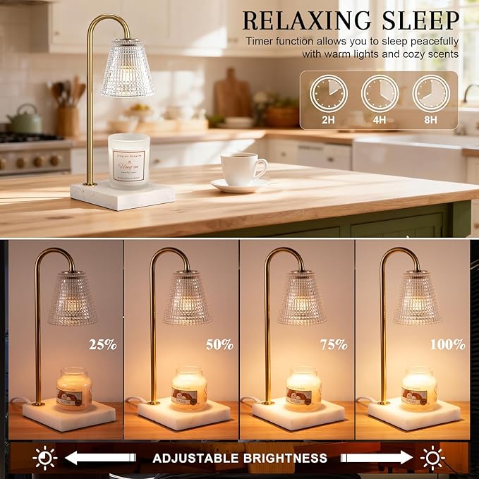 Hong-in Modern Gold and Marble Candle Warmer Lamp with Textured Glass Shade, Elegant Candle Lamp for Bedroom Living Room Kitchen, Luxury Home Decor Accent Lamp,Birthday Gift for Women