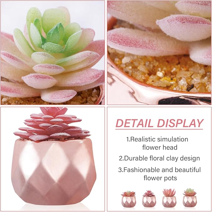 Tiita 4 Pack Artificial Faux Succulents in Pots, Mini Rose Gold Fake Plants for Women Desk, Small Realistic Faux Succulents for Home Office Accessories Window Sill Bathroom Bedroom, Rose Gold - Bloomnest