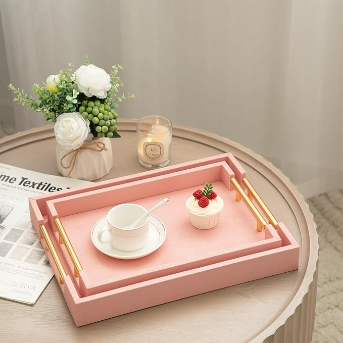 Modern Elegant Pink Faux Shagreen Leather Tray, Set of 2 Rectangle Serving Trays with Gold Polished Metal Handles, Ottoman Tray Coffee Table Perfume Kitchen Trays Home Decor - Bloomnest