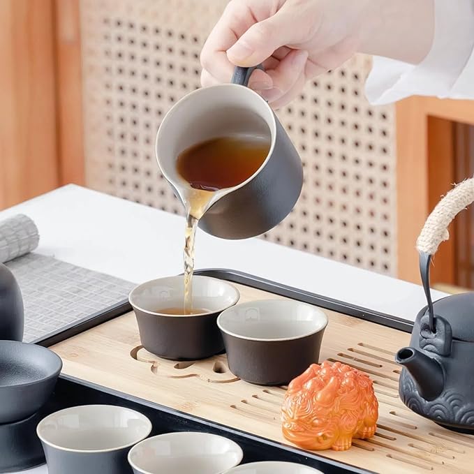 ICHAG Japanese & Chinese Tea Set, Adults' Portable Gongfu Tea Set with Teapet with Porcelain Teapot, 8oz Teapot,14-Piece 茶具 for Home/Outdoor/Office Gifts (Gray) - Bloomnest