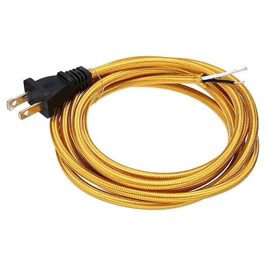 uxcell 8Ft 18/2 Cloth Covered Lamp Cord with Plug, Vintage Electrical Lamp Cord with Stripped Ends for Extension Wiring DIY Repairing, Golden