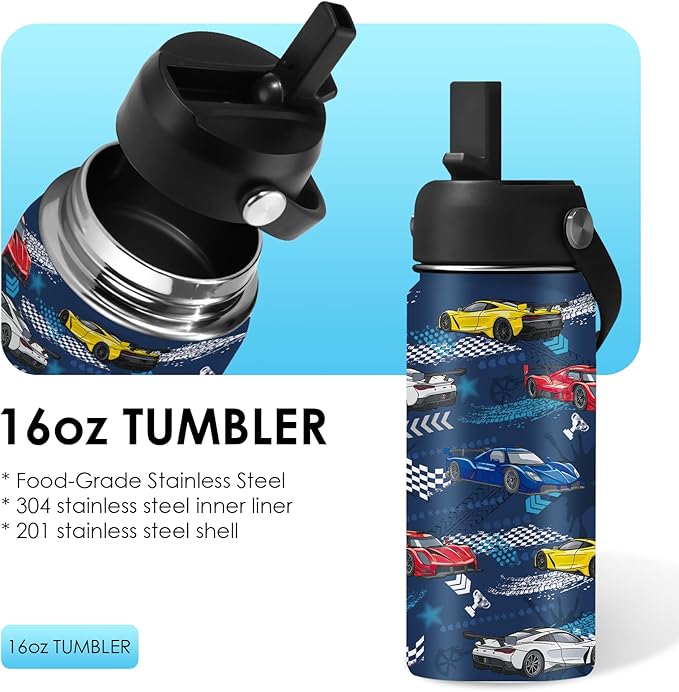 Racing Car Gifts 16 oz Water Bottle with Straw Lid, Stainless Steel Insulated Tumbler, Leak Proof, BPA - Free, Cool Racing Car Pattern Mug for Birthday, Christmas, Daily Use, Travel (1pc) - Bloomnest