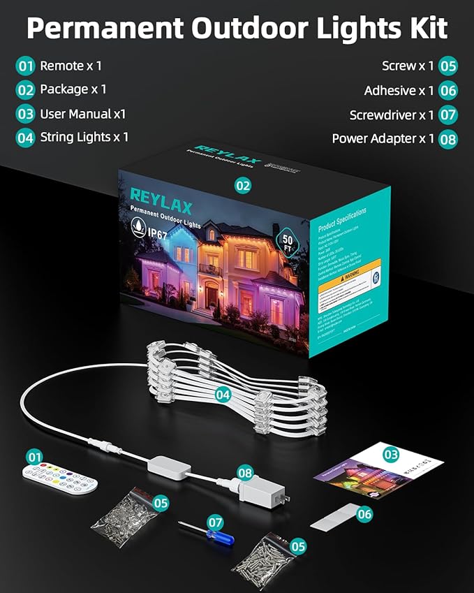 REYLAX 50FT Permanent Outdoor Lights with 30 LED Lights, RGB+IC Eaves Lights, IP67 Waterproof, Multi Scenes for Outdoor Christmas Holidays Decor, Works with APP & Remote Control, White - Bloomnest