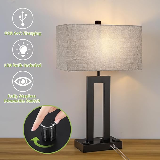 Modern Table Lamps Set of 2-22" Tall Bedside Lamps with USB-C/USB-A Charge Ports & Outlet, Stepless Dimmable Fabric Gray Shade Nightstand Lamps for Bedroom & Living Room - Bloomnest