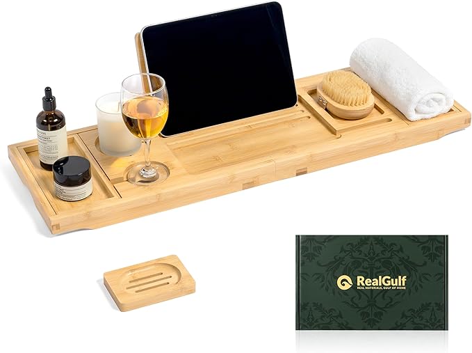 Bamboo Bathtub Tray, Bath Caddy with Wine Glass Holder, Phone Dock & Book Stand | Hands-Free Reading & Ultimate Spa Relaxation Experience-Natural - Bloomnest