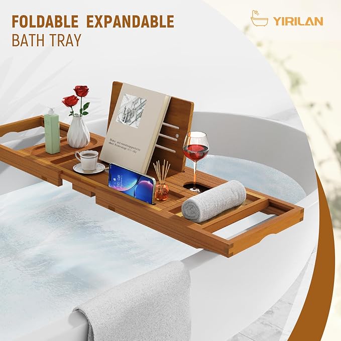 Yirilan Teak Bathtub Tray for Tub, Bath Table Tray for Tub Wood, Bathtub Caddy, Luxury Gift for House Warming, Wedding, Bridal Shower, Anniversary - Bloomnest