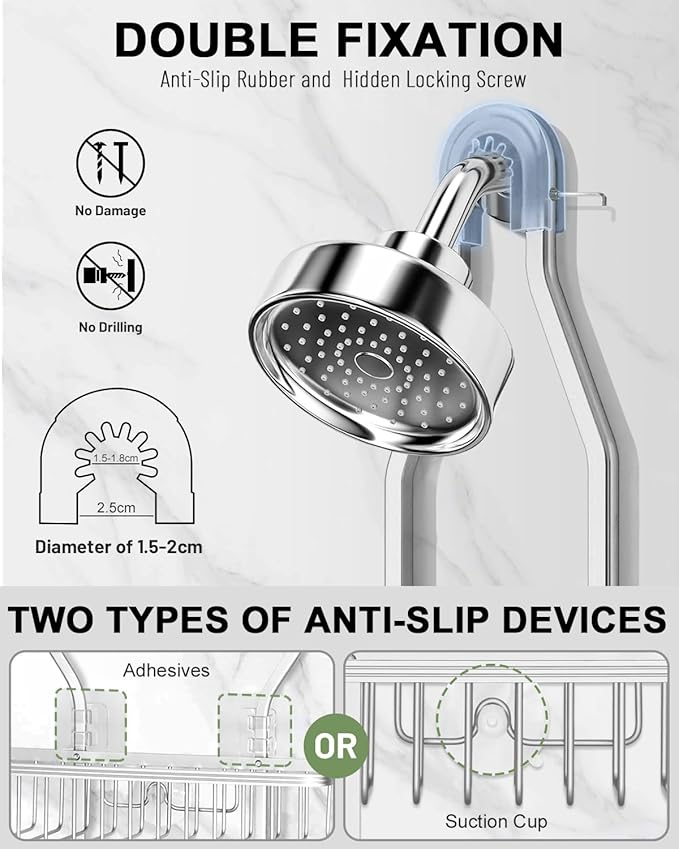Shower Caddy Hanging - Never Rust Shower Hanging Organizer - Aluminum Over the ShowerHead Caddy with Soap Basket and 6 Hooks for Razor/Sponge (Frosted Silver) - Bloomnest