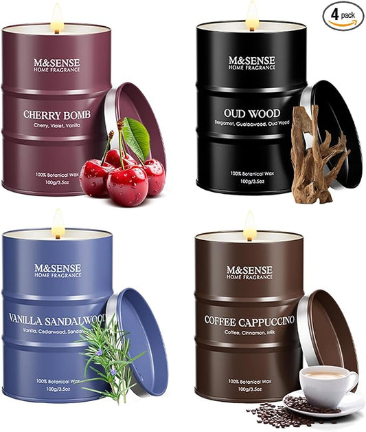 Fall Candles Set | Mini Scented Candles Gift Set | 4 Pack Candles for Home Scented Candle,Cherry Vanilla Oud Sandalwood Coffee Candle,Gift Set for Women and Men,Soy Wax 14 oz 86 Hour - Bloomnest