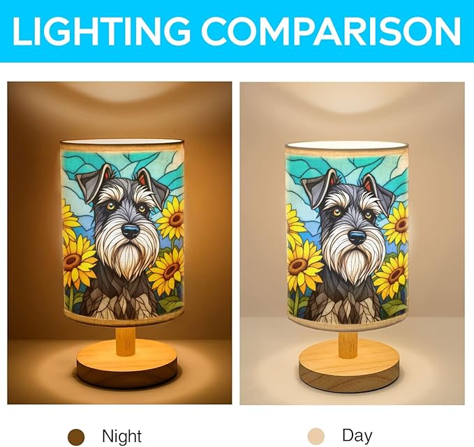 Miniature Schnauzer Table Lamp LED 3-Color Pressed Bedside, Dog Shade Lamp with Wood Base for Bedroom Living Room Desk Office - Bloomnest