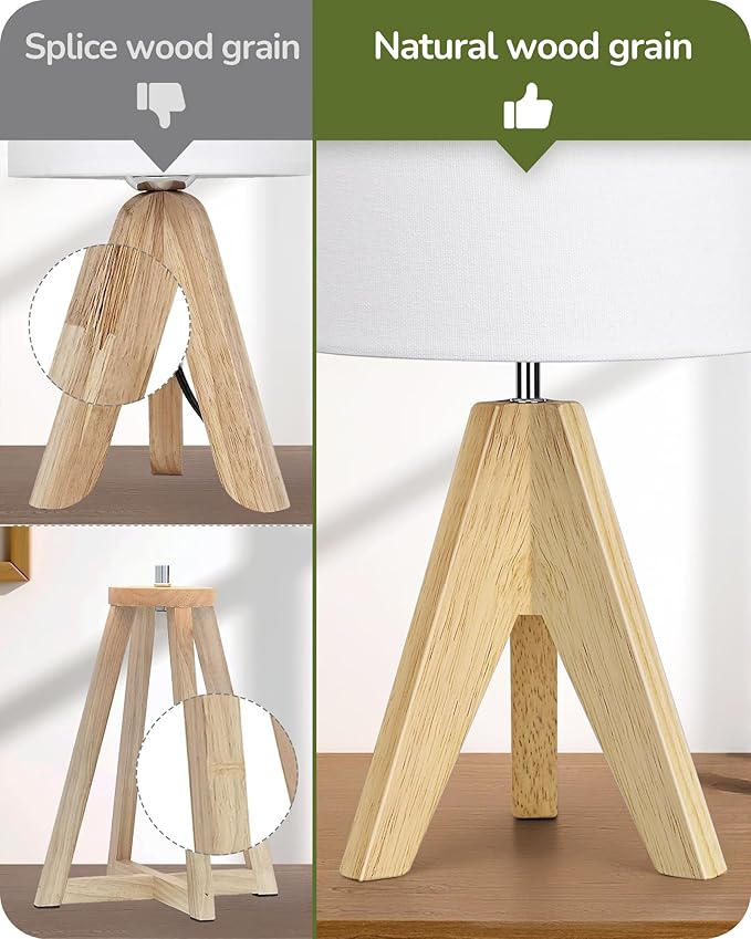 EDISHINE Small Cute Table Lamp, Wood Tripod Nightstand Lamp, Mid Century Bedside Lamp with Linen Fabric Shade for Nursery, Living Room, Bedroom, End Table, UL Listed, 14.2 Inch, ON/Off Switch - Bloomnest