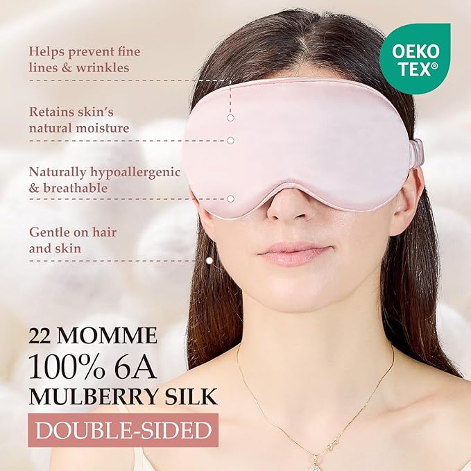 100% Mulberry Silk Sleep Mask for Unisex, 22 Momme 3D Silk Contoured Eye Mask, Breathable Light Blocking Blindfold with Adjustable Strap, Blackout Eye Cover for Travel, Pink - Bloomnest