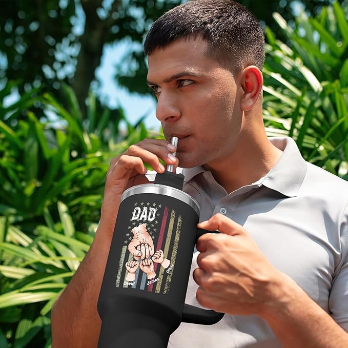 Custom Dad Tumbler with Kids Names, Personalized 40 Oz Tumbler with Handle and Straw, Personalized Birthday Gifts for Dad Husband - Bloomnest