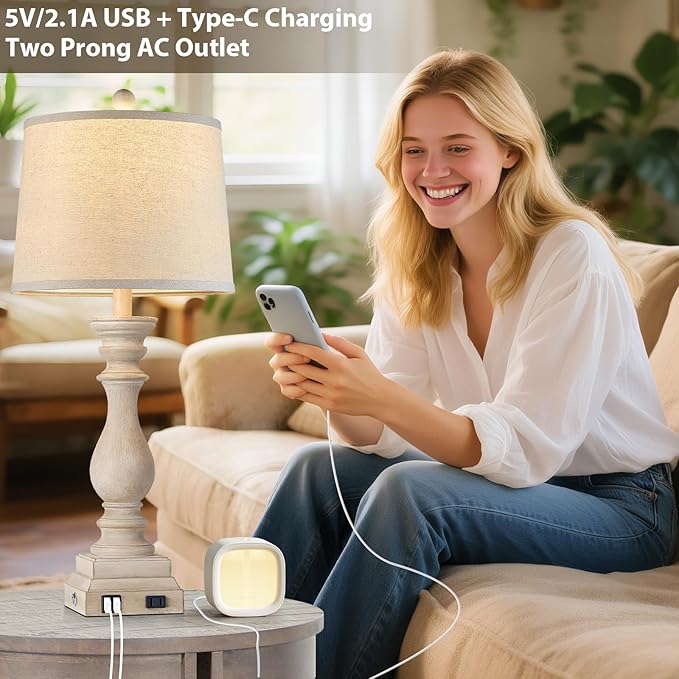28" Farmhouse Table Lamps Set of 2 with USB C+A Ports and AC Outlet, 3 Way Touch Tall Vintage Bedside Lamp for Living Room, Beige Rustic Nightstand Lamp for Bedroom Office - Bloomnest