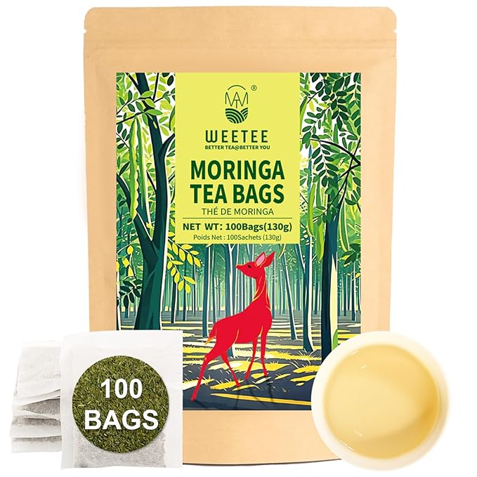 WT WEETEE Moringa Tea Bags 100 Count, 100% Pure Dried Moringa Leaves, Caffeine Free Nutrient-Dense Herbal Tea, Earthy Spinach Aroma & Bold Fermented Bean-Like Flavor - Bloomnest