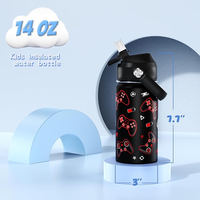 14oz Kids Insulated Water Bottle with Straw Lid - 18/8 Stainless Steel Kid Cup Travel Tumbler Double Wall Vacuum Leak Proof Portable Toddler Water Bottle (Game Blue+Red） - Bloomnest