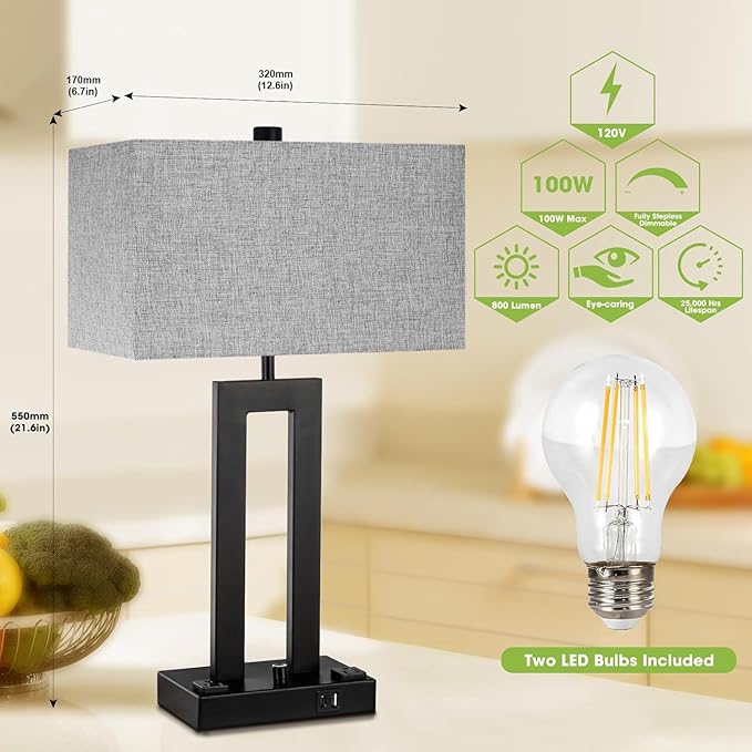 Modern Table Lamps Set of 2-22" Tall Bedside Lamps with USB-C/USB-A Charge Ports & Outlet, Stepless Dimmable Fabric Gray Shade Nightstand Lamps for Bedroom & Living Room - Bloomnest