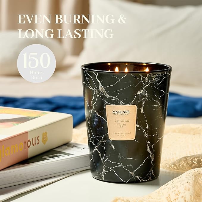 M&SENSE LeatherNight Scented Candles for Home, 3-Wick Highly Scented Jar Candles, Extra Large Candle 35 Oz 150 Hours Long Lasting Burning, Relaxing Aromatherapy Candle for Stress Relief, Meditation - Bloomnest