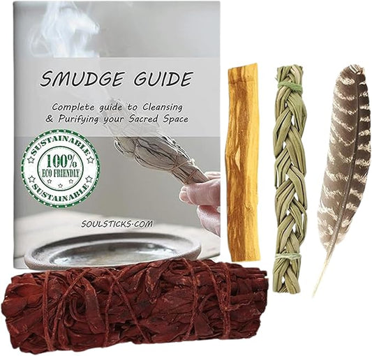 Ancient VEDA Organic Smudge Kit – Dragon's Blood, Palo Santo, Sweetgrass Braid, Feather & Smudge Guide | Home Cleansing Kit for Meditation, Yoga, Energy Healing (Starter Kit, Dragon's Blood Sage) AncientVeda