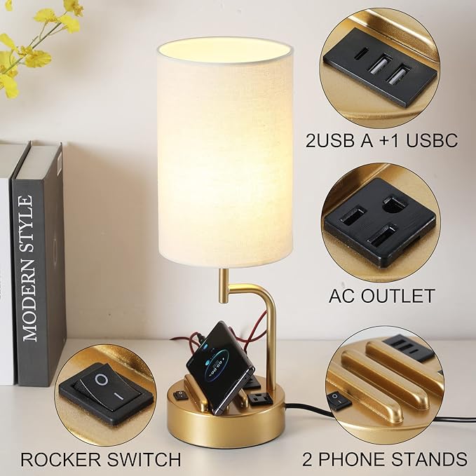 Dreamholder Table Lamp with 3 USB Charging Ports, Modern Desk Lamp with AC Outlet and Phone Stands, Perfect Bedside Lamp for Bedroom, Living Room, Office (Pack of 2), Gold - Bloomnest