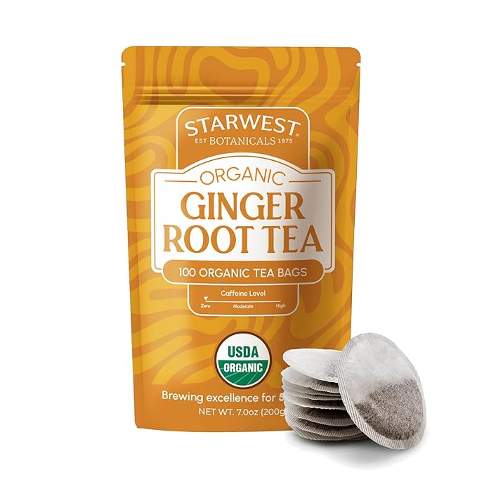 Starwest Botanicals Organic Ginger Root Tea - Caffeine Free Herbal Tea, Supports Digestion, String Free Sachets, USDA Organic Ginger Root, Non GMO - Bulk Pack, 100 Tea Bags - Bloomnest