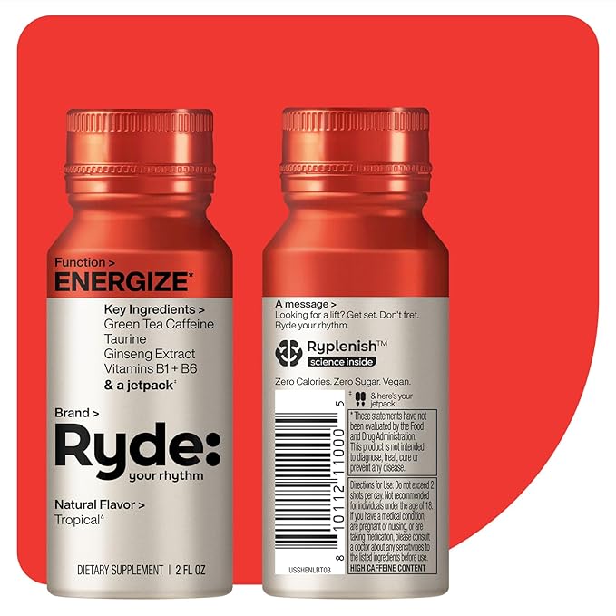 Ryde: Energize Shot | Tropical Flavor | Green Tea Caffeine, Taurine, Ginseng Extract & B Vitamins | 0 Calories, 0 Sugar | 2 FL OZ Shots | Boosts energy* (8 Pack) - Bloomnest