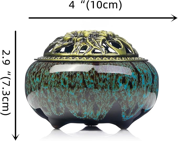 Incense Burner with Calabash Incense Stick Holder - Porcelain Charcoal Censer for Use with Resin Granular Powder Cone or Coil Incense (Kiln-Colored Blue) - Bloomnest