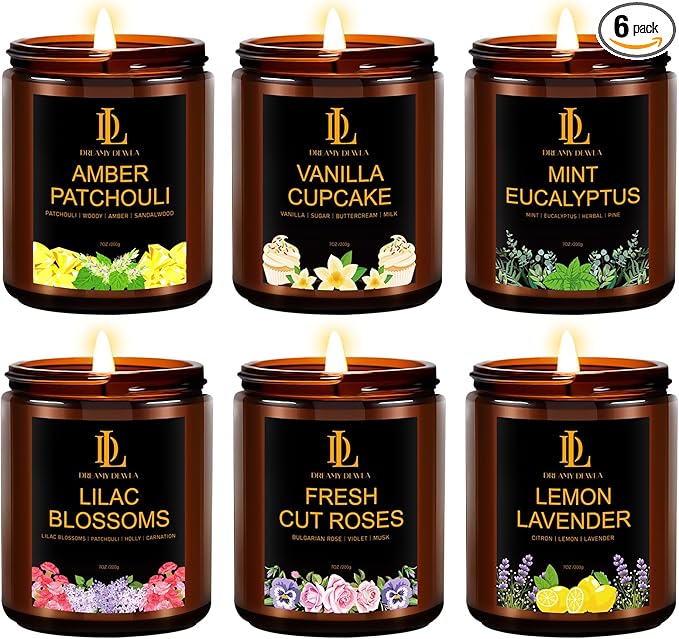 6 Pack Candles for Home Scented, Scented Candles Gifts Set for Women Men, 42 oz Soy Candle Set, Scents of Fresh Cut Roses/Lemon Lavender/Vanilla Cupcake/Amber Patchouli/Lilac Blossoms/Mint Eucalyptus - Bloomnest