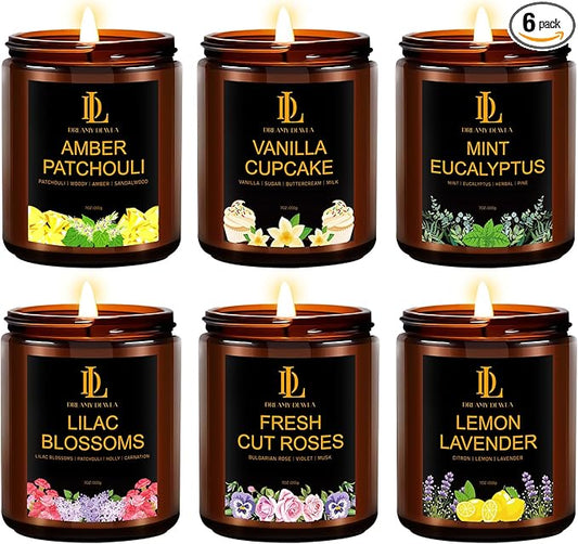6 Pack Candles for Home Scented, Scented Candles Gifts Set for Women Men, 42 oz Soy Candle Set, Scents of Fresh Cut Roses/Lemon Lavender/Vanilla Cupcake/Amber Patchouli/Lilac Blossoms/Mint Eucalyptus - Bloomnest