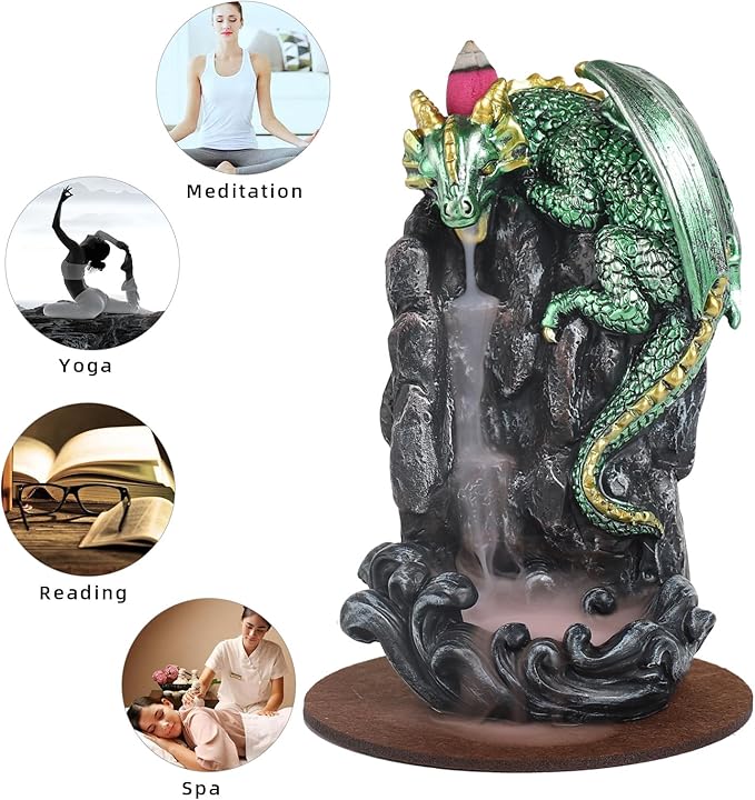 Dragon Backflow Incense Holder Waterfall Incense Burner, with 100 Backflow Incense Cones,1 Mat,1 Tweezers，Aromatherapy Ornamental for Home Office Yoga （Green Dragon） - Bloomnest