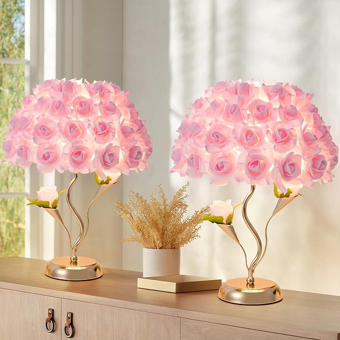 Pink Flowers Lamp Fabric Rose Table Lamp Flower Desk Lamp Creative Bedroom Nightstand Light or Wedding Decor Valentines Dating Party Livingroom Hotel Office Study Room - Bloomnest