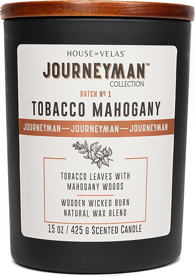 Journeyman Collection Candle, 15oz, Wooden Wick, Tobacco Mahogany, Large Painted Jar - Bloomnest
