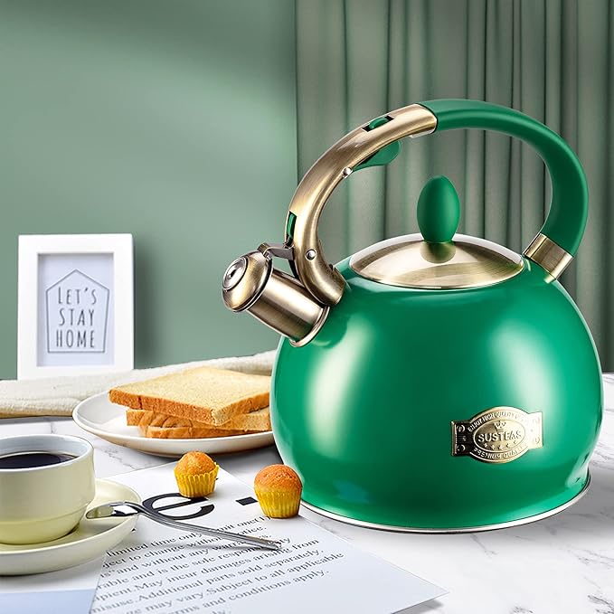 SUSTEAS Stove Top Whistling Tea Kettle - Food Grade Stainless Steel Teakettle Teapot with Cool Touch Ergonomic Handle, With 1 Silicone Pinch Mitt Included, 2.64 Quart (Green) - Bloomnest