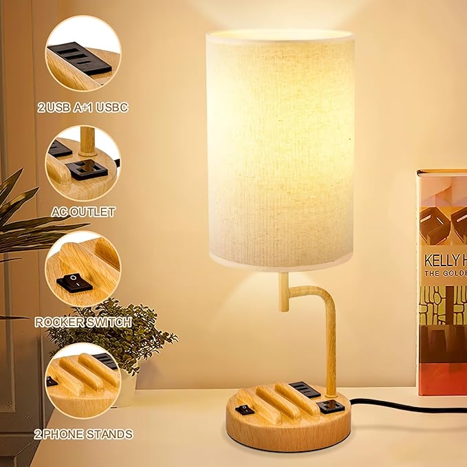 Dreamholder Table Lamp with 3 USB Charging Ports, Modern Desk Lamp with AC Outlet and Phone Stands, Perfect Bedside Lamp for Bedroom, Living Room, Office (Pack of 2) - Bloomnest