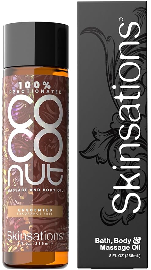 Skinsations - Unscented Body Oil - Fragrance Free - 100% Fractionated COCONUT Oil - After Shower Body Oil for Women and Men, Body Moisturizer, Bath Oil, Hydrating Body Massage Oil