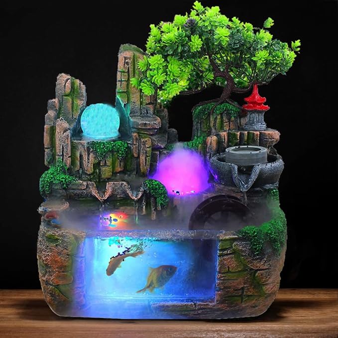 DNYSYSJ Tabletop Waterfall Fountain with Rockery, Mini Silent Indoor Ornament Desk Water Fountain Desktop Simulation Resin with Atomizer LED Small Fish Tank for Office Bedroom Home Decor Windmill - Bloomnest