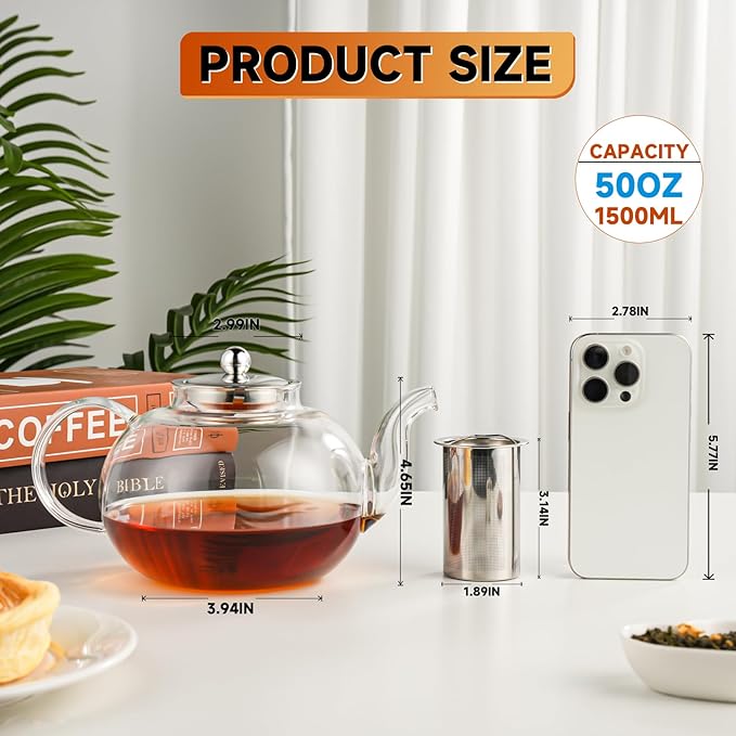 50OZ/1500ML Glass Teapot Set with 4 Double Wall Teacups & Removable Infuser, Stovetop & Microwave Safe Clear Tea Maker Water Kettle with 7OZ/200ML Tea Cups for Loose Leaf Blooming Tea - Bloomnest
