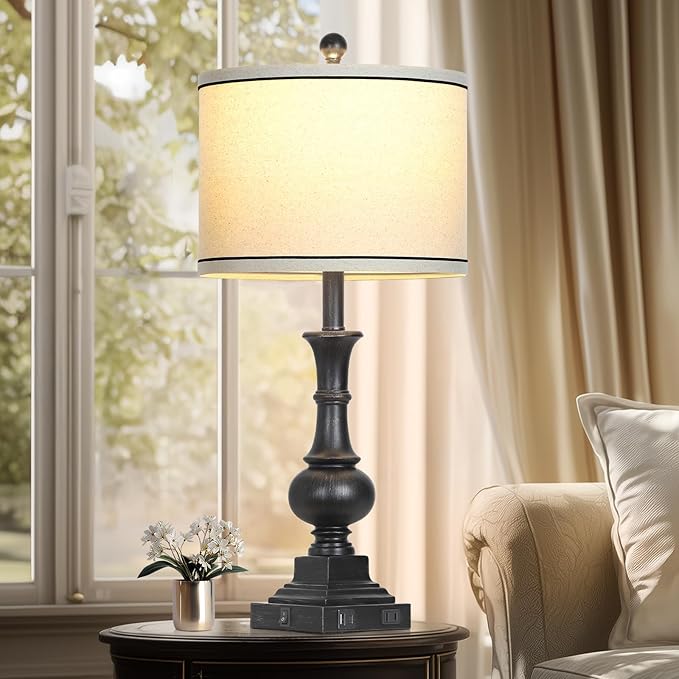 Farmhouse Table Lamps Set of 2, Vintage Bedside Lamps with USB A+C Charging Ports & AC Outlet, 26" Rustic Nightstand Lamp for Living Room Bedroom End Table Wash Black(2 LED Bulbs Included) - Bloomnest