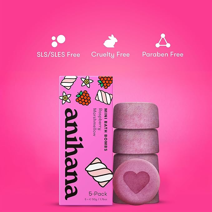 ANIHANA Mini Bath Bombs with Coconut Oil, Paraben Free, Hand-Crafted Luxury Fizzers, Refreshing Raspberry Marshmellow Scent, 1.76 oz Each, 5 Pack - Bloomnest