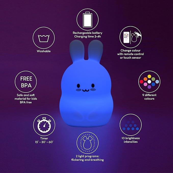 Bunny Night Light for Kids Room, Light for Children's Bedroom, 9 Colors Changing Bedside Table lamp Decorative Light, Eye Caring, Adjustable Brightness & Color, Time Setting - Medium - Bloomnest