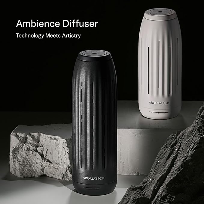 AromaTech Ambience Mini Scent Diffuser for Essential Oil Blends & Fragrances – Waterless Scent Machine w/Bluetooth for Smaller Spaces, Bathroom, Office, More - 600 Sq Ft – Charcoal Acrylic - Bloomnest