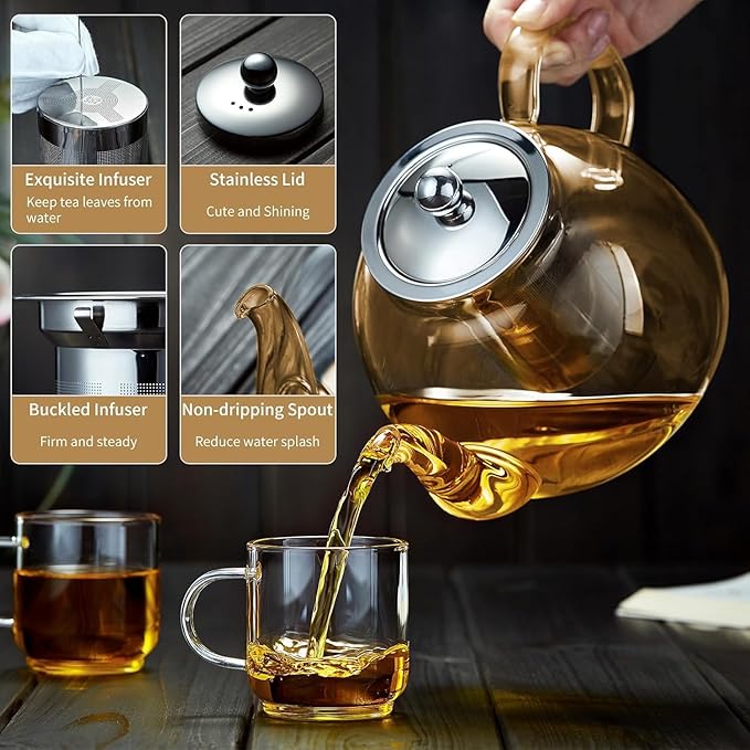40OZ (1200ML) Glass Teapot with Infuser Stovetop Safe, Clear Glass Tea Pot Kettle, Borosilicate Tea Pot with Infusers Filter for Loose Tea, Tea Kettle Dishwasher Safe (Champagne) - Bloomnest