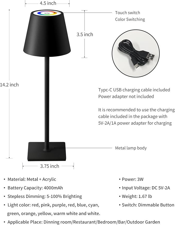 KDG 2 Pack Cordless Table Lamp, RGB Color Stepless Dimming Up, 4000mAh Battery Operated Portable LED Desk Lamp, for Dinning Room, Bedroom, Bar, Outdoor Garden, Camping, Night Light (Black) - Bloomnest