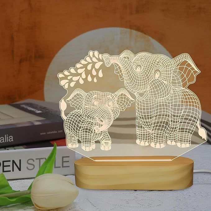Elephant Shape 3D Crystal Acrylic Light Base with Wood Stand, LED Light for Kids Room Decor, Gift for Mom on Birthday or Holiday, Home Décor Art Display - Bloomnest