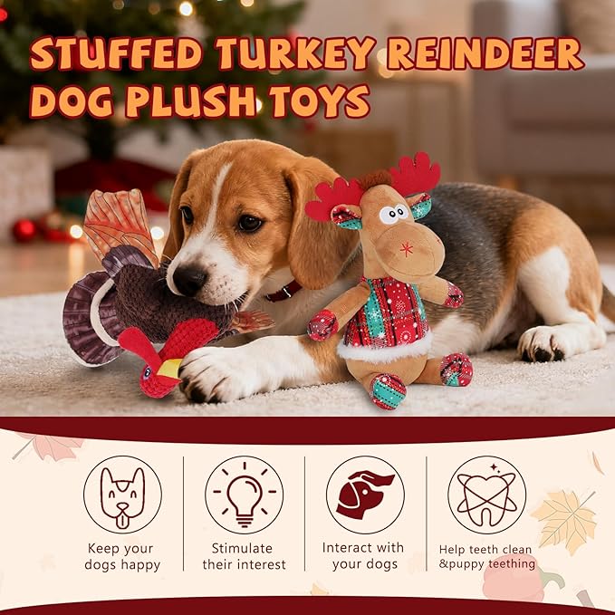 BWOGUE Thanksgiving Turkey Dog Toys Set, Stuffed Squeaky Turkey Dog Toy with Crinkle Paper, Christmas Plush Reindeer Squeaky Toy, Interactive Stuffed Chew Toys for Small Medium Large Dogs - Bloomnest