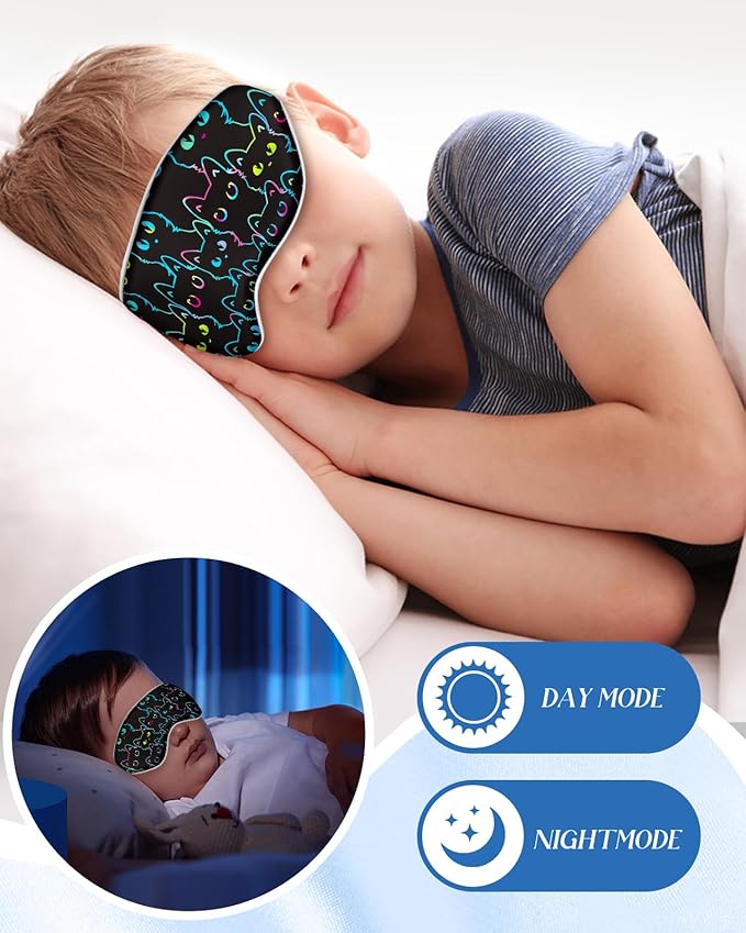 Sleep Mask for Kids - Cute Kawaii Cartoon Silk Sleeping Mask with Adjustable Strap Soft Smooth Light Eye Mask for Sleeping Silk Kids Eye Cover for Boys Girls Teens, Luminous Black Cats - Bloomnest