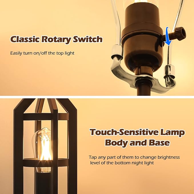 BesLowe 2-Light Farmhouse Touch Table Lamps, 3-Way Dimmable Bedside Lamps with 2 USB Ports for Bedroom, Rustic End Table Lamps for Living Room with White Shades, 4 LED Bulbs Included, Set of 2 - Bloomnest
