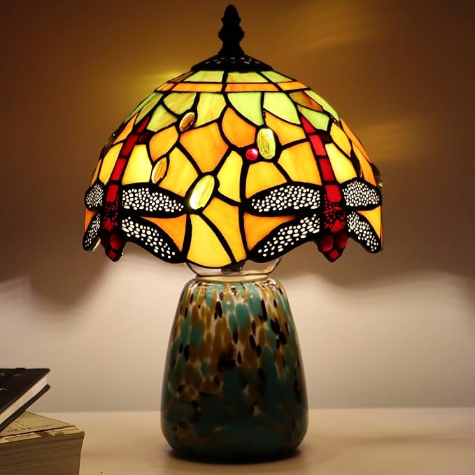 Tiffany Mushroom Table Lamp Dragonfly Style Yellow Stained Glass Accent Lamp Brown Blue Glass Base 8X8X12 Inch - Bloomnest