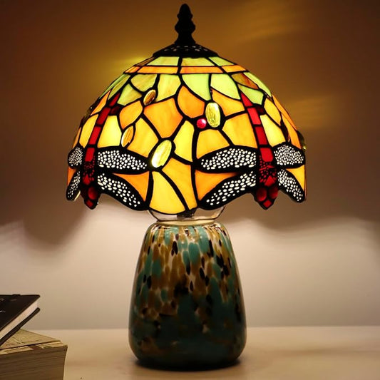 Tiffany Mushroom Table Lamp Dragonfly Style Yellow Stained Glass Accent Lamp Brown Blue Glass Base 8X8X12 Inch - Bloomnest