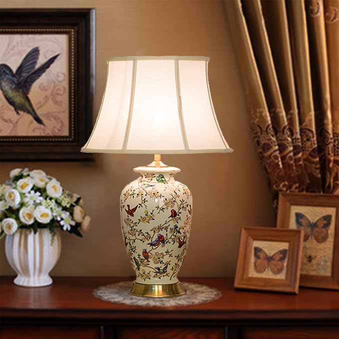 PURESILKS White 27" Flower and Bird Ceramics Table Lamp Chinoiserie Desk Lamp,Fabric Drum Shade,Gold Base, Tall Table Lamp Decor for Living Room Bedroom Bedside Office College Bookcase - Bloomnest